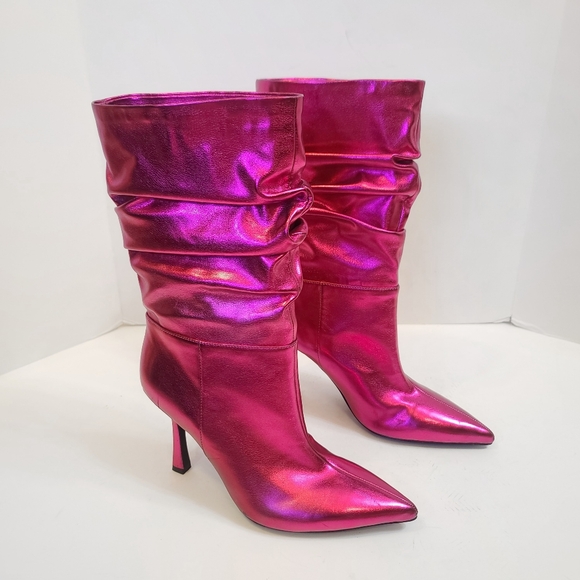 Jeffrey Campbell | Guillo Ruched Heeled Boots in Fuchsia Metallic Pink Size 7 - Picture 2 of 16